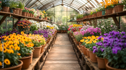 Fototapeta Naklejka Na Ścianę i Meble -  Vibrant greenhouse filled with colorful flowers in pots showcasing nature's beauty during golden hour