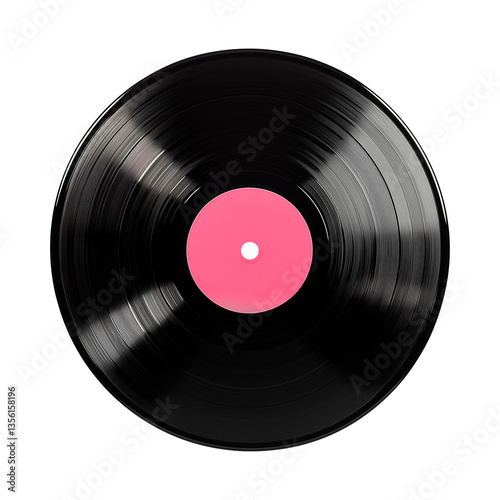 Black vinyl record with a pink label, isolated on a white or transparent background