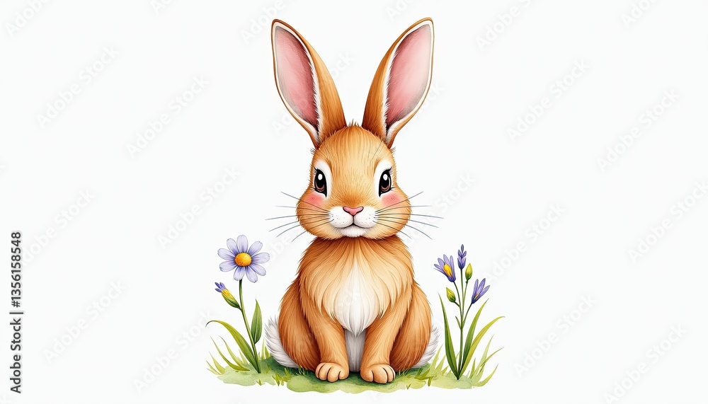 Fototapeta premium Cute Brown Watercolor Rabbit Sitting in Green Grass with Flowers on White Background