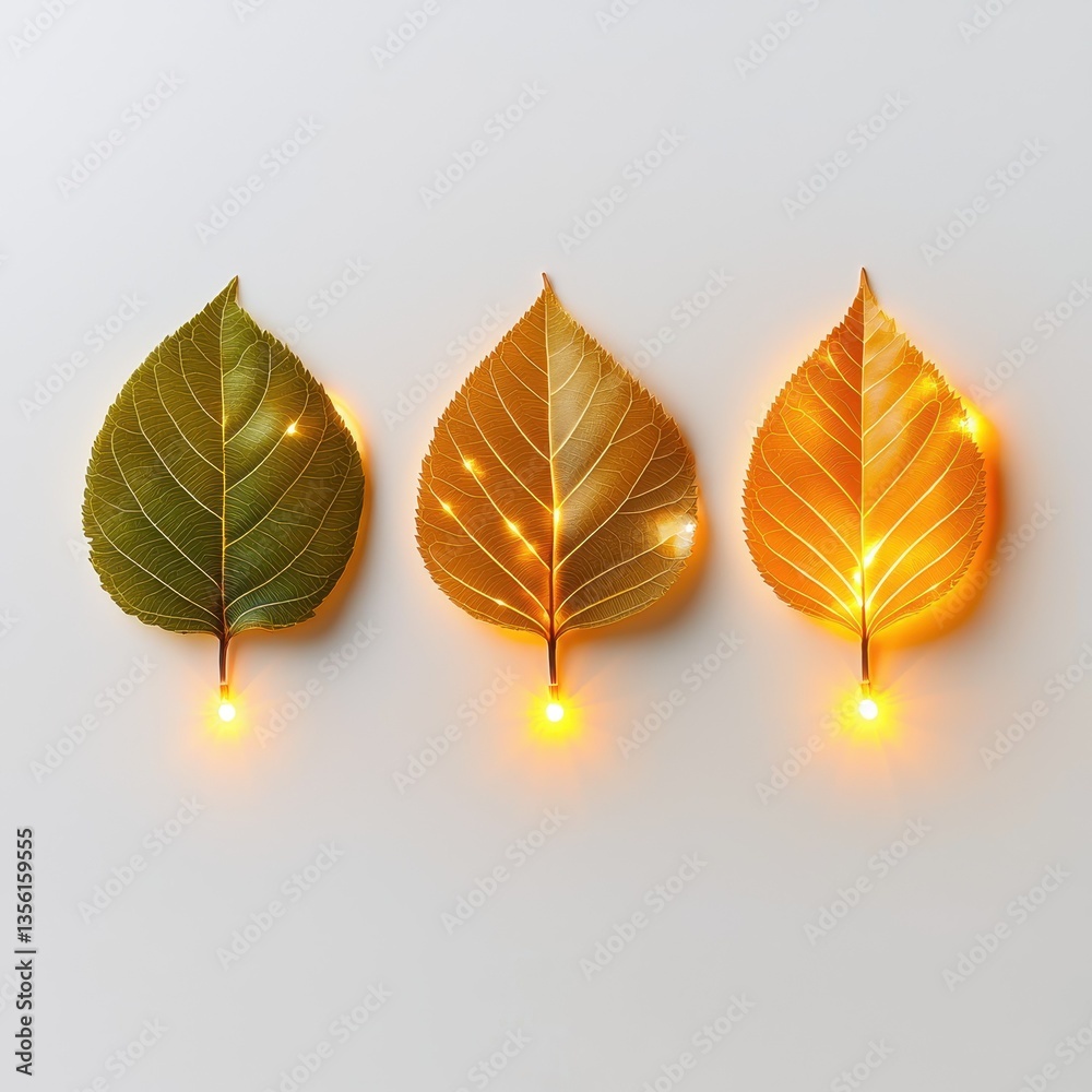 Fototapeta premium Three vibrant leaves with glowing lights, showcasing nature's beauty and creativity.