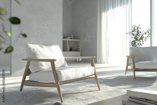 Simple living room white armchair home interior scandinavian design, clean modern home design background, 3d rendering