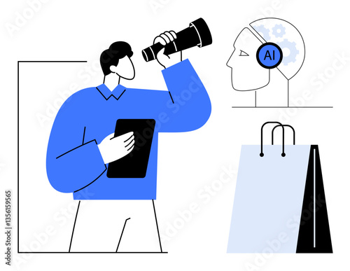 Man holding a tablet while looking through a telescope, AI brain diagram, and shopping bag. Ideal for innovation, retail strategy, artificial intelligence, analytics, market research, future