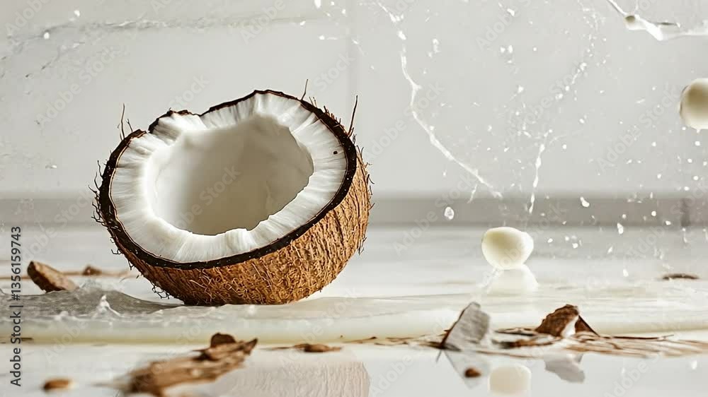 Coconut Explosion: A moment captured in time as a coconut bursts open, sending fragments of the shell and a splash of refreshing coconut milk into the air, creating a dynamic and captivating scene.