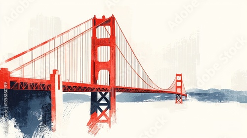 Stylized illustration of the Golden Gate Bridge in bold red against a soft, muted background.