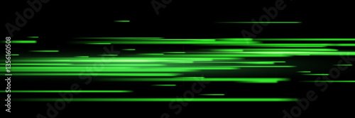 Abstract light speed effect lines on black background. Game futuristic shiny pattern with flowing bright green rays on dark. Modern technology vector illustration.