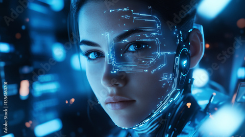 Cyborg with glowing blue lights in a futuristic high-tech environment