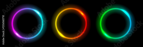 Neon glow light round frames. Abstract blurred rainbow light circles background. Colored laser bright round icons. Colourful geometric graphic vector set isolated on black.