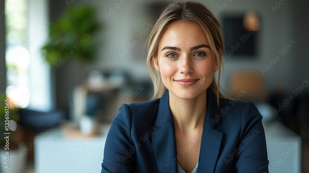 Obraz premium Young female executive exudes confidence in a navy blazer, seated at a modern desk, embodying professionalism and leadership.