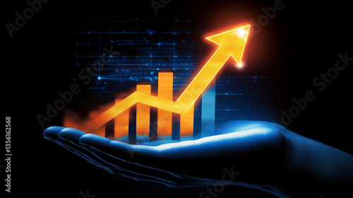 Futuristic representation of business growth with glowing orange bar chart and upward arrow held by an illuminated blue hand