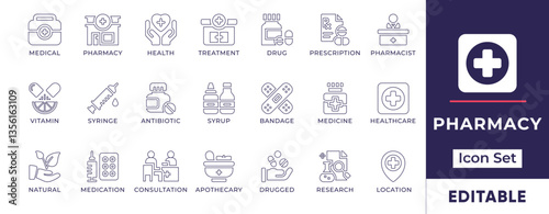 Minimalist pharmacy line icon set featuring medical prescriptions, pills, drugstore, pharmacist, hospital, healthcare, and pharmaceutical industry symbols.