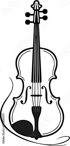 Violin with bow and music notes on a black background