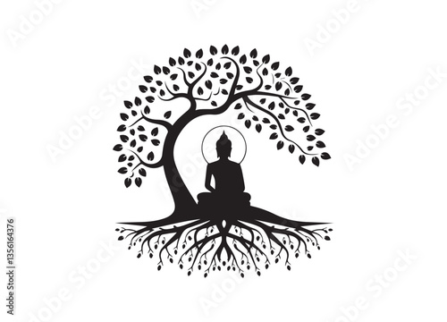 A silhouette of a meditating Buddha sitting in a lotus position beneath a stylized Bodhi tree Design and Butterfly. Stock Vector 2.eps