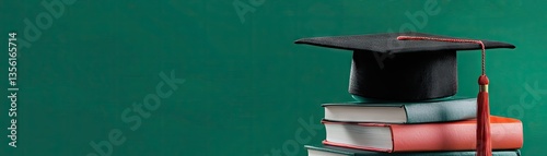 Graduation cap on books, green background, education concept
