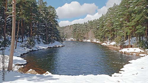 Snowy riverbend in pine forest. photo
