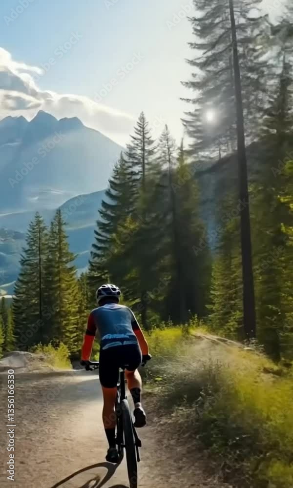 A cyclist rides through a forest trail with mountains visible in the distance view A cyclist rides through a forest trail with mountains visible in the distance view