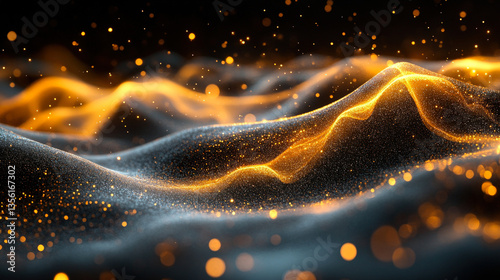 Golden Bokeh Light Waves on Dark Abstract Background

