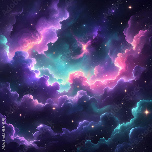 A mesmerizing cosmic nebula filled with vibrant hues of purple, pink, and teal, scattered with countless stars. The swirling clouds of interstellar gas and dust create a dreamy.