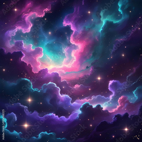 A mesmerizing cosmic nebula filled with vibrant hues of purple, pink, and teal, scattered with countless stars. The swirling clouds of interstellar gas and dust create a dreamy.