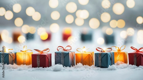 Colorful holiday gifts with bows, surrounded by a snowy backdrop and twinkling lights.