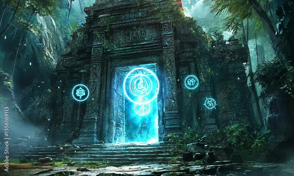 Ancient temple entrance with glowing portal and magical symbols in the forest