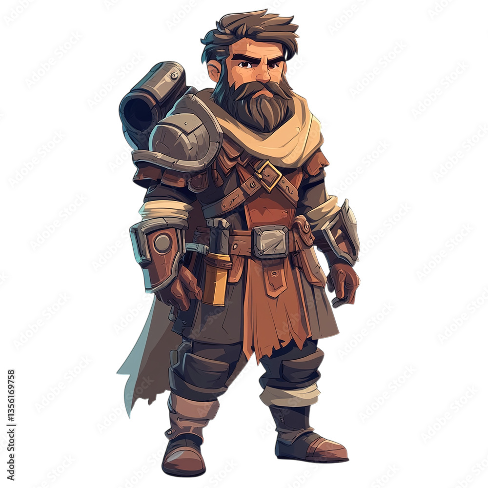 Fototapeta premium A stylized character illustration of a bearded warrior with shoulder armor