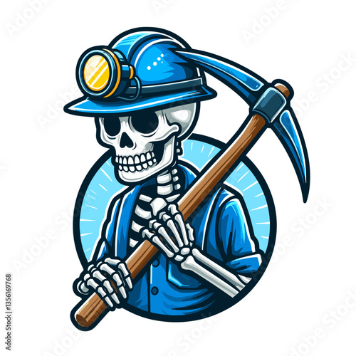 Industrial skeleton miner in blue uniform with pickaxe and helmet. Perfect for mining company graphics or labor safety instructional materials.