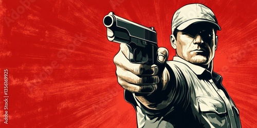 Man pointing pistol with a menacing expression on red background photo