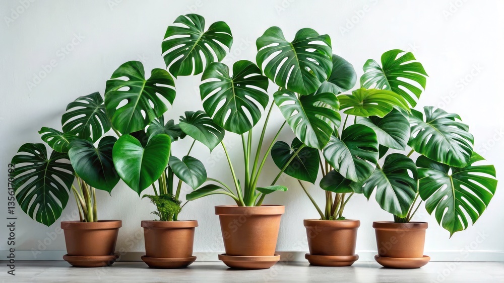 Fototapeta premium Panoramic Rainforest Plants Photography: Monstera Potted Plants White Background