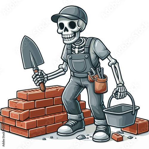 Hardworking skeleton bricklayer with masonry tools and brick wall. Ideal for construction company branding or building trade illustrations.