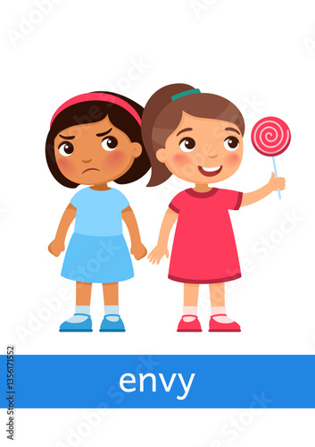 Envy - concept of emotion. Little girl looks enviously at lollipop in hands of other girl. Learning English language. Children psychology. Cartoon character illustration