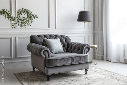 Neutral classic livingroom interior with grey fabric armchair, pillow, lamp and nordic style rug on empty white wall background. 3D rendering.