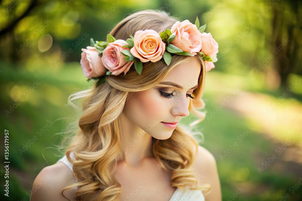 Obraz premium Pastel Peach Flower Crown Headband: Bridesmaid & Bridal Hairstyle Ideas - Candid Photography