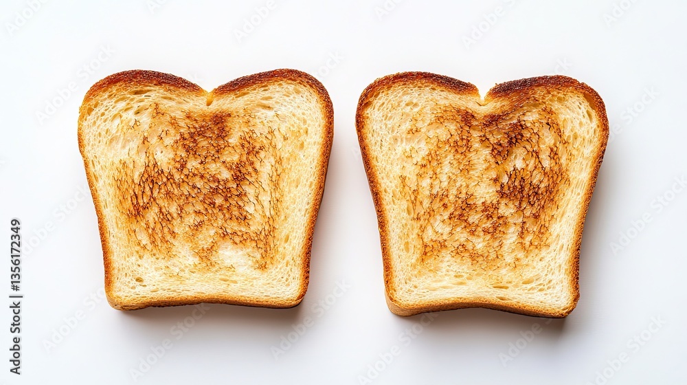 Two slices of toasted bread with a golden brown color, isolated on a white background for food photography Two slices of toasted bread with a golden brown color, isolated on a white background for food photography