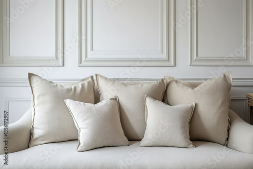 Rustic interior design of modern living room with beige fabric sofa and cushions. White wall with frame and space for text.