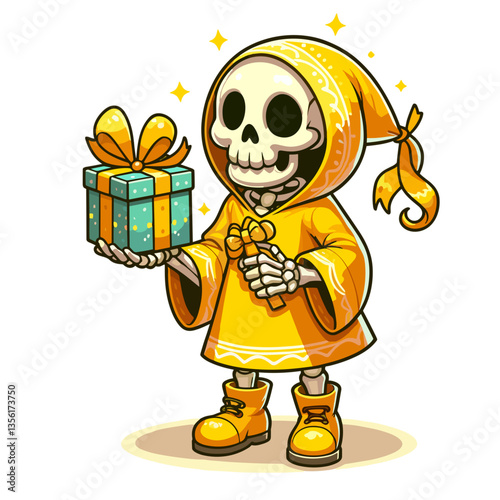 Cheerful skeleton child in yellow hood holding gift box. Perfect for birthday celebrations, gift-giving occasions or child-friendly Halloween concepts.