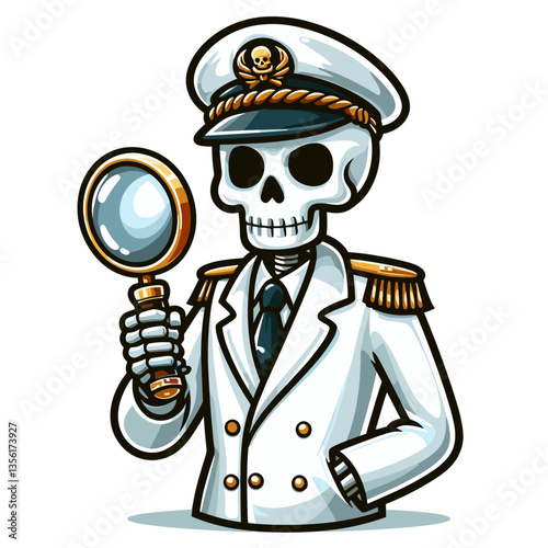Naval captain skeleton in white uniform holding magnifying glass. Ideal for maritime themes, detective concepts or nautical Halloween character designs.