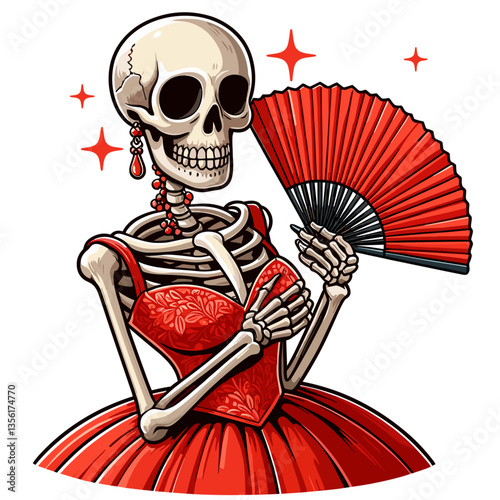 Skeleton flamenco dancer in red dress with fan. Great for dance events, Spanish cultural promotions or performance-themed Halloween graphics.