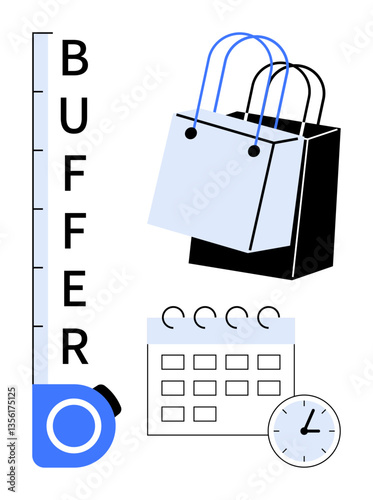Shopping bags, buffer load slider, calendar, and clock convey themes of time management, inventory control, planning, scheduling, efficiency productivity and retail organization. Ideal