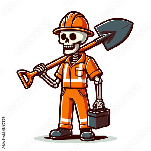 Construction worker skeleton with shovel in orange uniform. Perfect for building projects, labor services or industrial-themed Halloween promotional content.