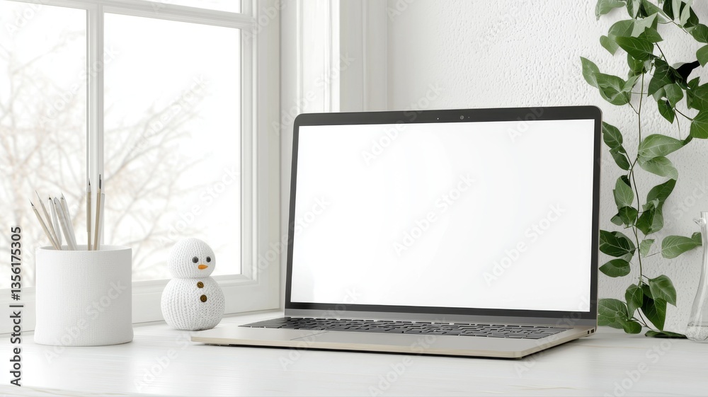 Obraz premium Modern workspace featuring a laptop, a cute snowman decoration, and green plant by the window for a cozy feel.