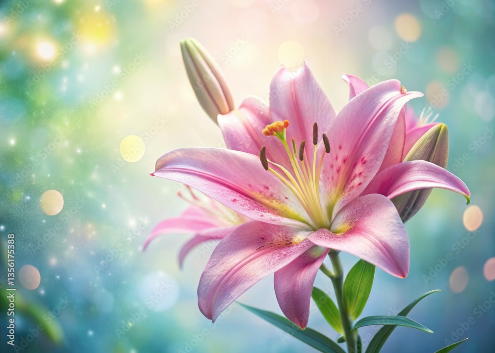 Fototapeta premium Pink Lily Flower Double Exposure: Closeup Blossom, Garden, Creative Banner, Copyspace