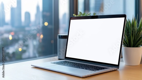 Modern workspace with a laptop, coffee cup, and plant, perfect for freelancers or remote workers seeking inspiration. photo