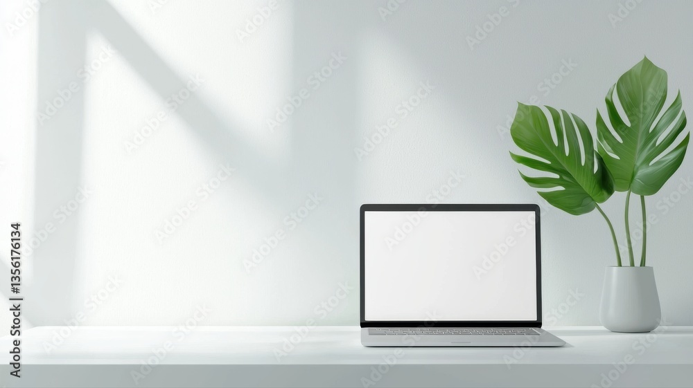 Fototapeta premium Modern workspace with a laptop and a decorative plant on a clean desk, ideal for remote work or home office.