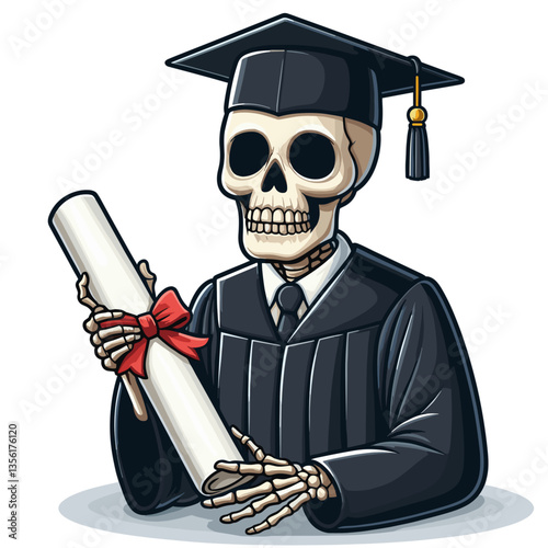 Cartoon skeleton graduate in cap and gown holding diploma. Perfect for education humor or academic achievement concepts.