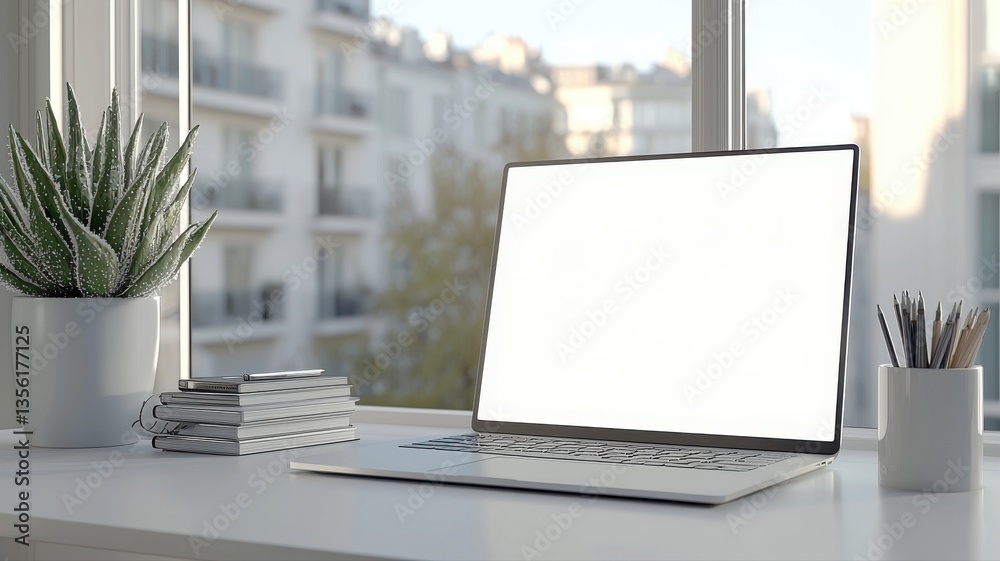 Fototapeta premium Modern workspace with a laptop, plant, and notebooks, creating a productive and serene environment.