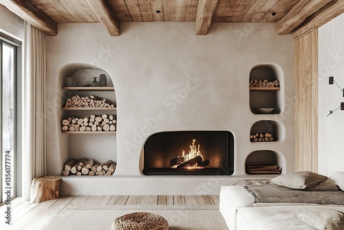 Scandinavian-style interior with fireplace, niches in wall where wood is stored