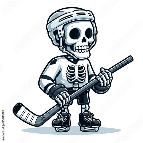 Hockey player skeleton in white uniform holding stick with helmet. Ideal for ice hockey team mascots or sports-themed Halloween promotional materials.