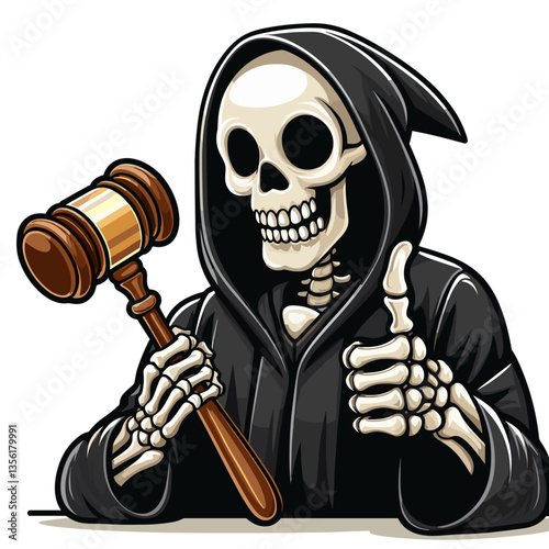 Grim reaper skeleton in black robe holding gavel with thumbs up. Ideal for legal humor graphics or Halloween-themed law firm promotional materials.