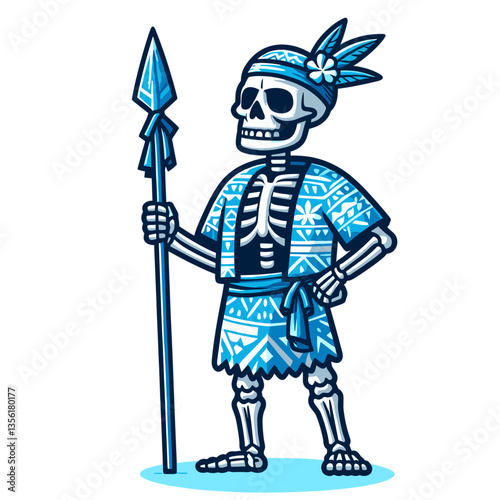 Native American warrior skeleton with blue headband holding spear. Perfect for historical themed illustrations or cultural Halloween event graphics.