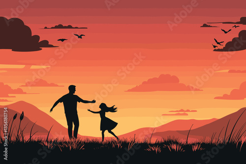 Father and little daughter playing silhouettes, Father playing with daughter on sunset, Silhouette of a little girl and dad sunset background. silhouette of father playing with his baby. 